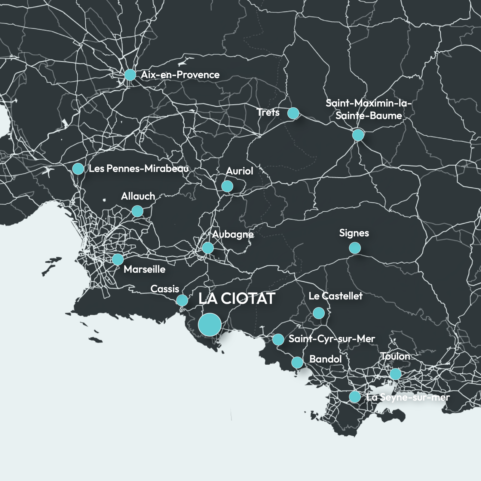 Carte de la zone d’intervention d’AG2G autour de La Ciotat, Marseille, Aix-en-Provence et Toulon